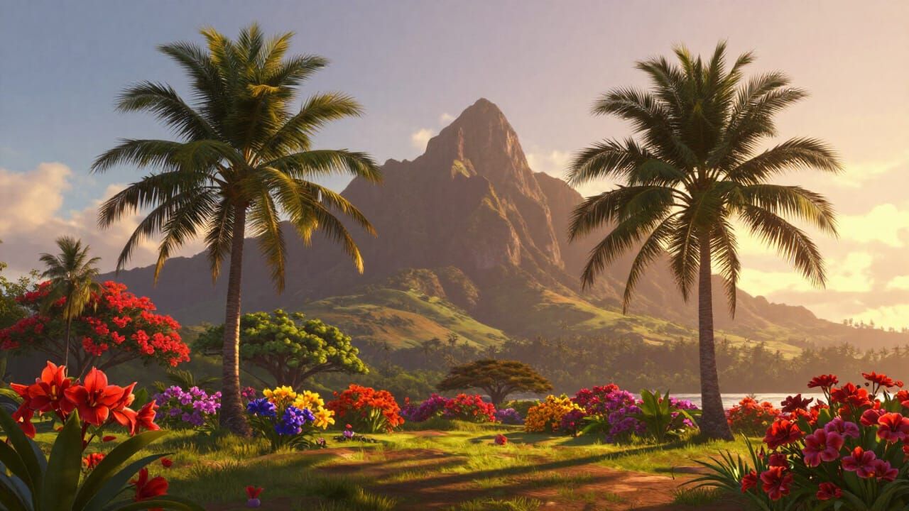 Vibrant Tropical Island Sunrise with Majestic Mountain