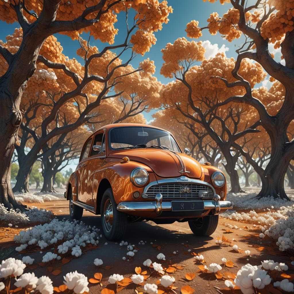 Orange Glass Car Among Cotton Trees