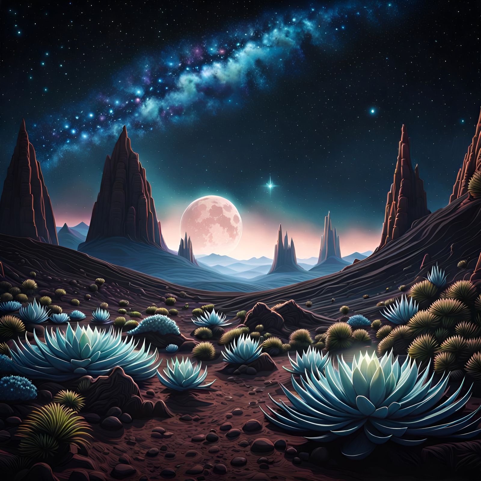 Surreal Alien Landscape with Twinkling Stars