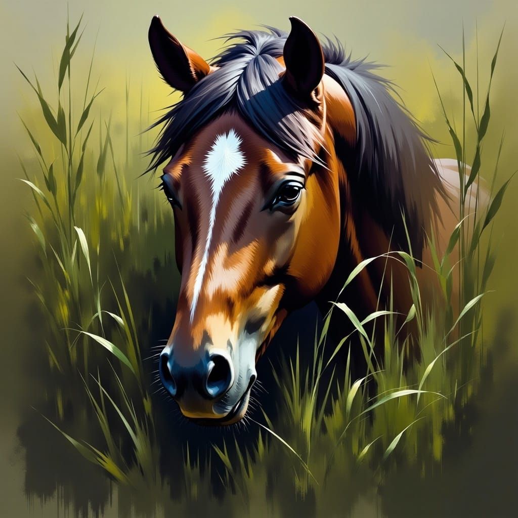 Wild Horse in Tall Grass: Detailed Ink Sketch