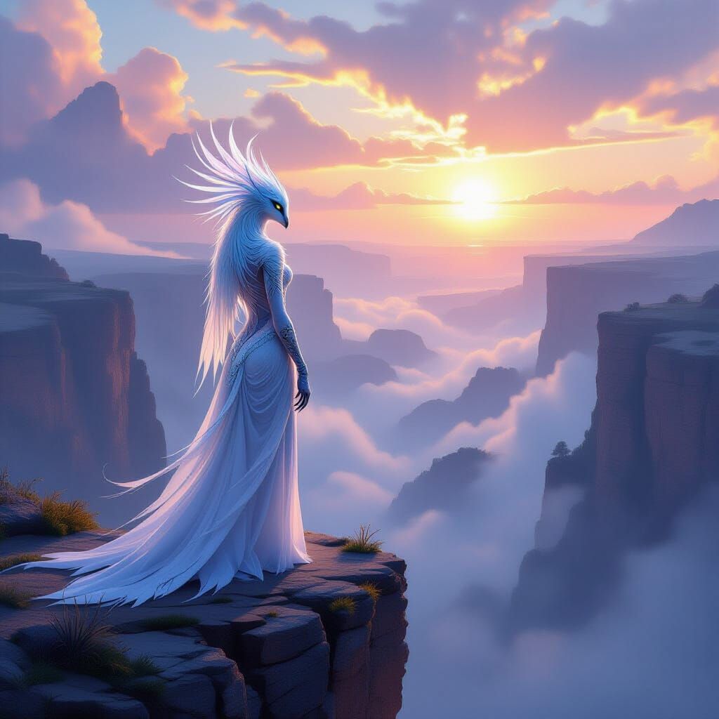Elegant Birdlike Humanoid on Misty Canyon Cliff at Dawn