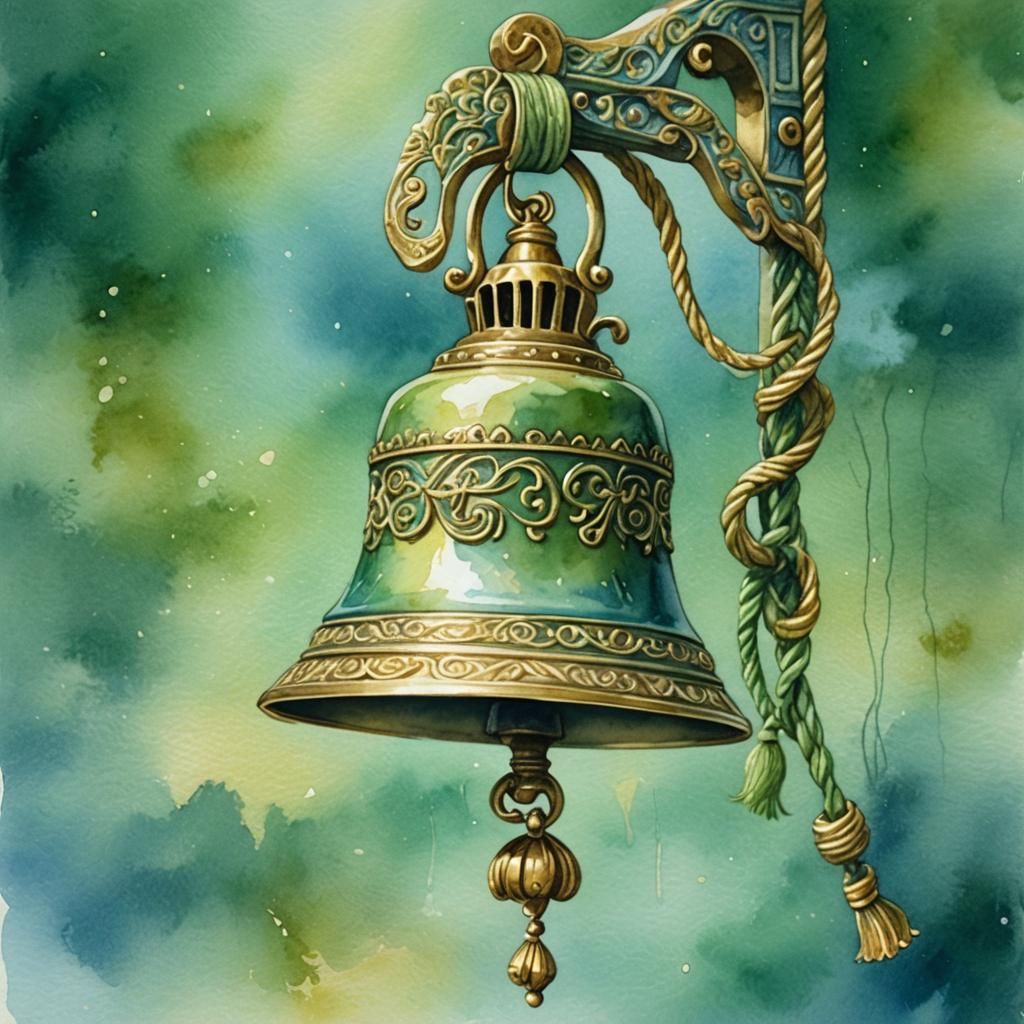 Ornate Brass Temple Bell in Watercolour Style