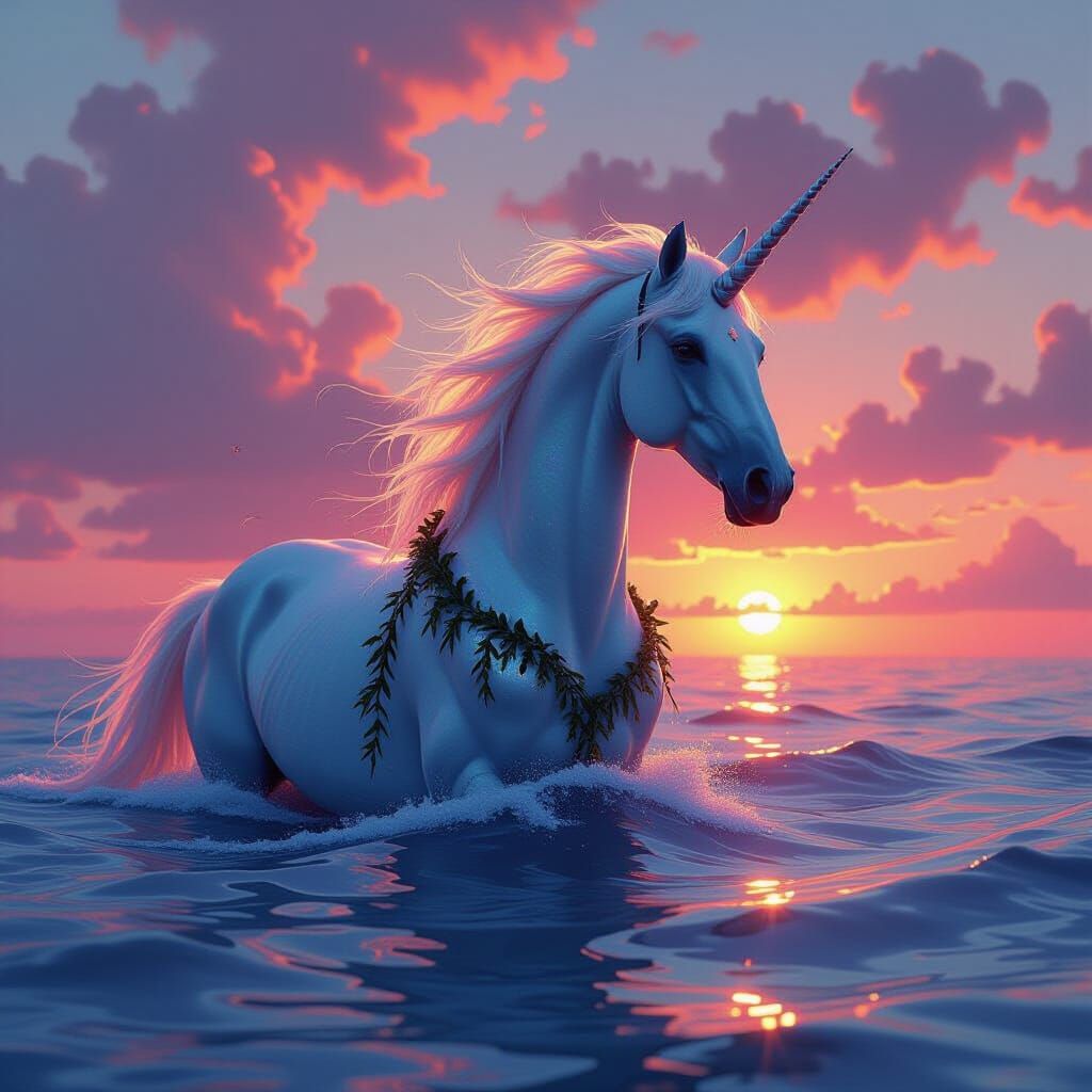 Iridescent Waterhorse Emerges from Ethereal Sea