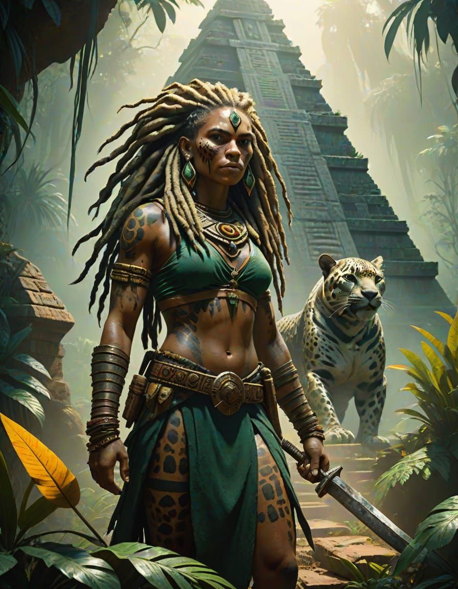 Dramatic oil painting of a female jungle explorer with sun-b...