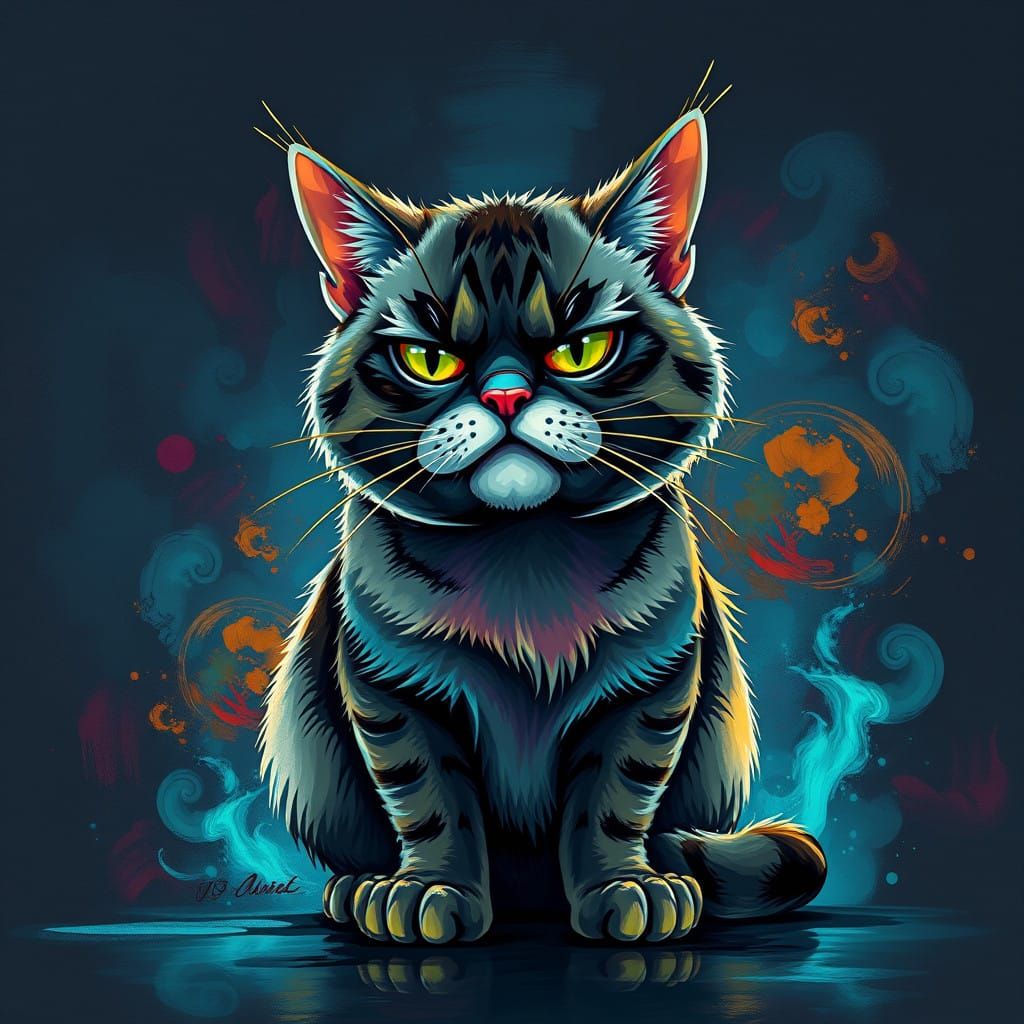 Dark Grumpy Cat Airbrushed Painting Against Glowing Smoke