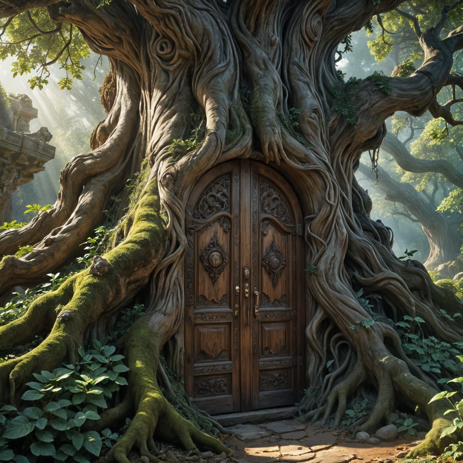 Ancient Tree Door: Detailed Digital Painting