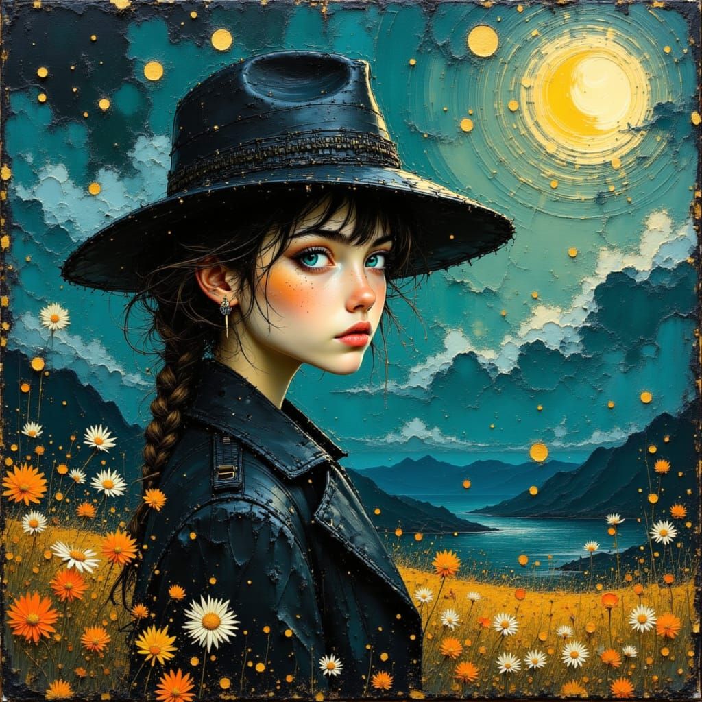 Girl in Hat with Van Gogh Night Sky, Impasto Style