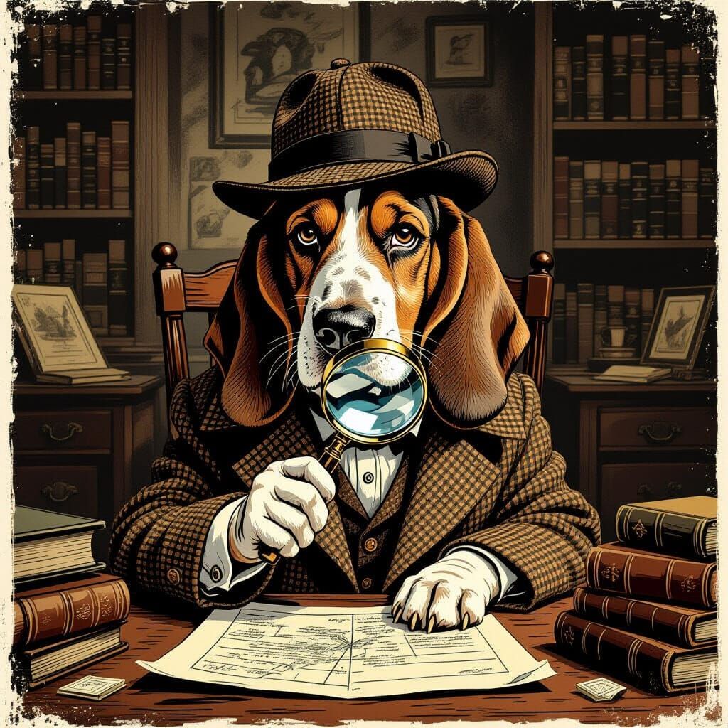 Victorian Basset Hound Detective with Magnifying Glass