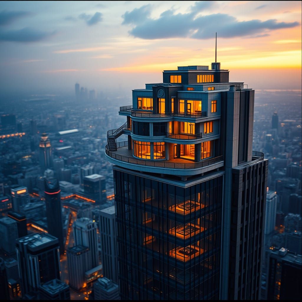 Majestic Art Deco Mansion atop a Modern Skyscraper at Dusk