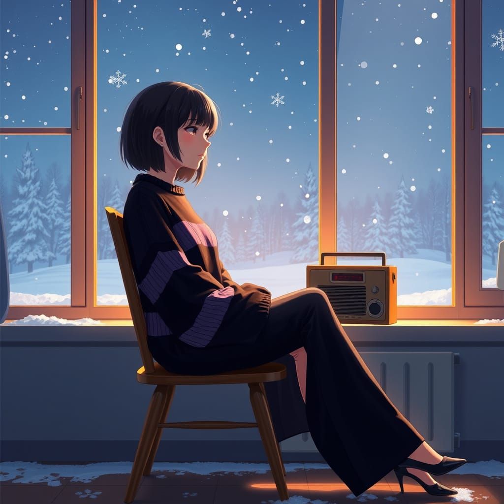 Anime-Inspired Young Woman Lost in Thought on a Winter Night