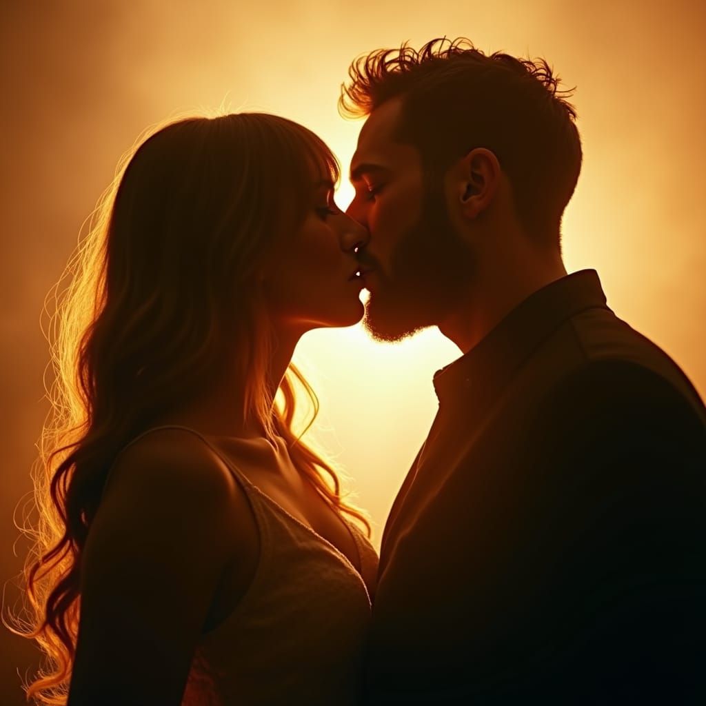 Romantic Kiss in Golden Light: A Cinematic Moment