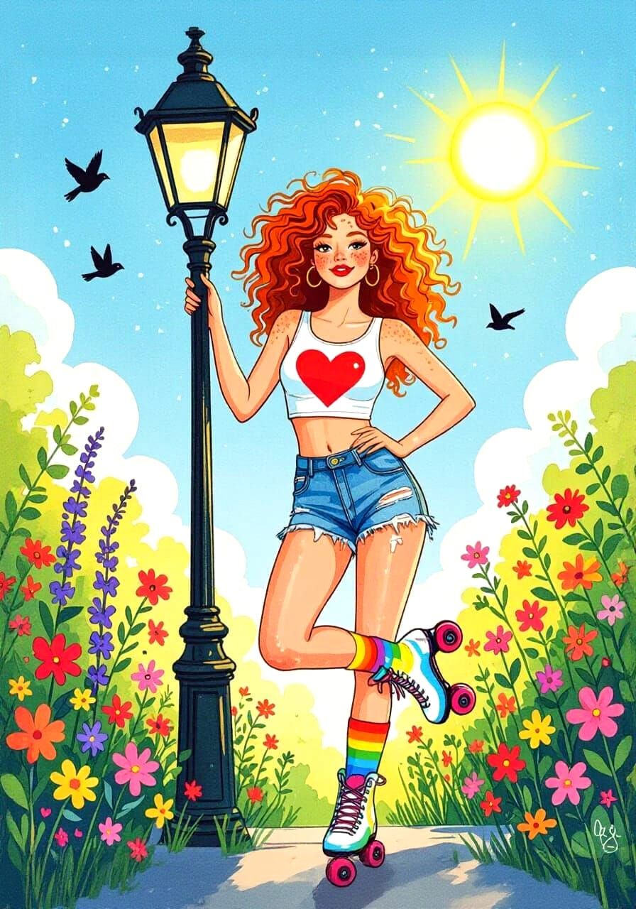 Redhead on Rainbow Skates in Watercolor Style
