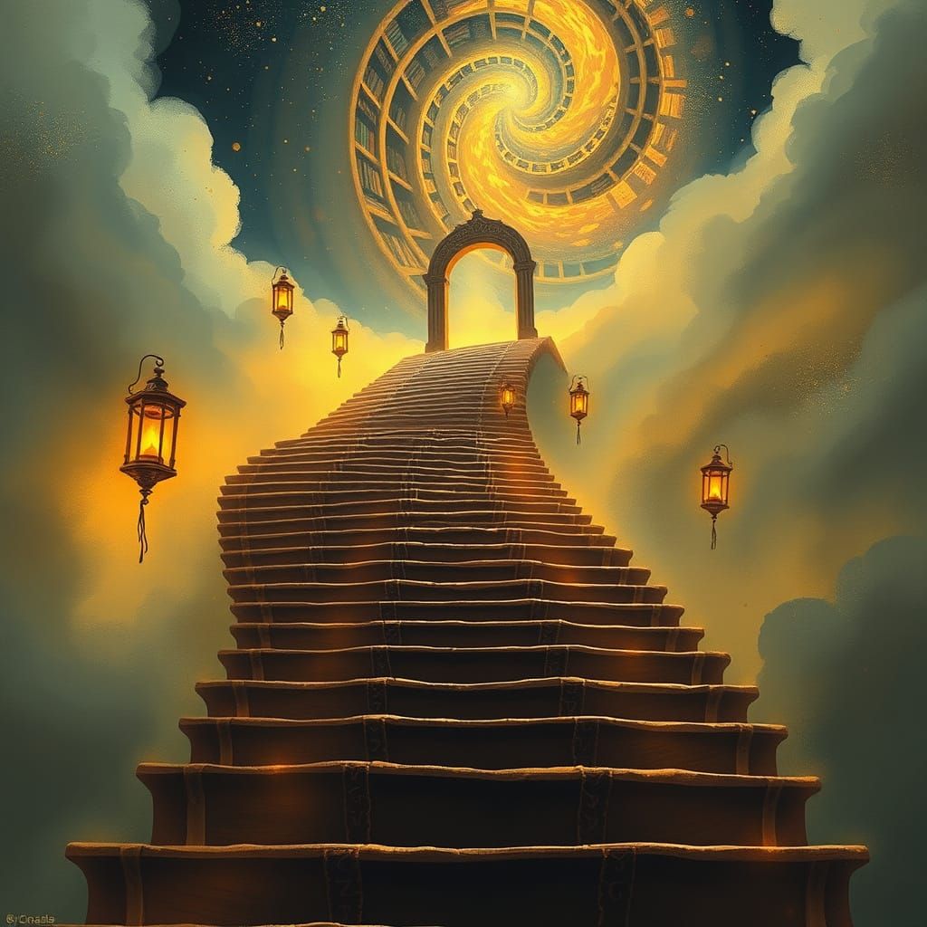 Winding Staircase to Infinite Library in Surreal Style