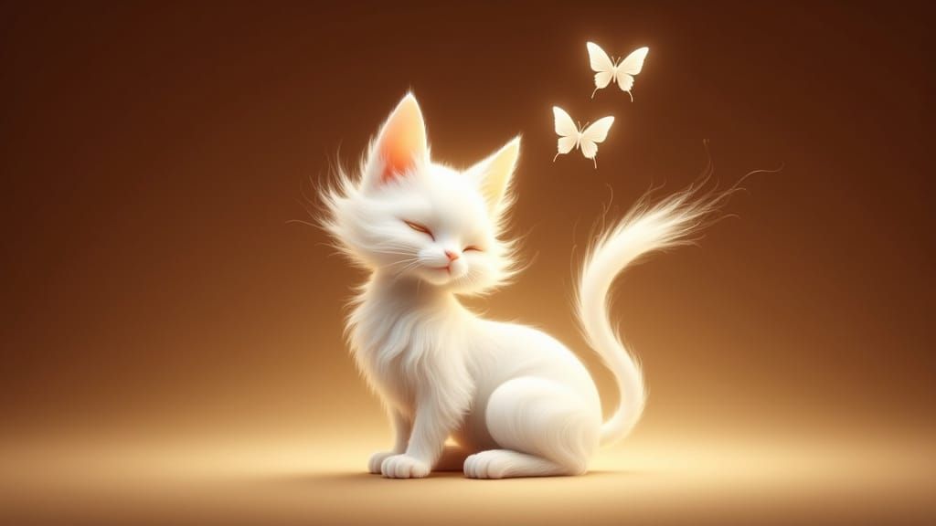 Whimsical Fairy Lights Dance Around a Serene White Cat