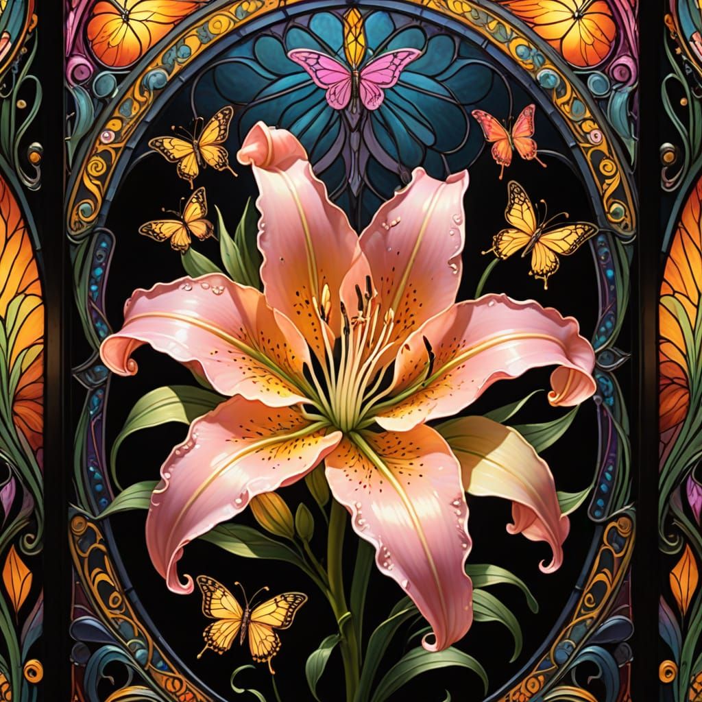 Glass Lily with Glowing Butterflies in Art Nouveau Style
