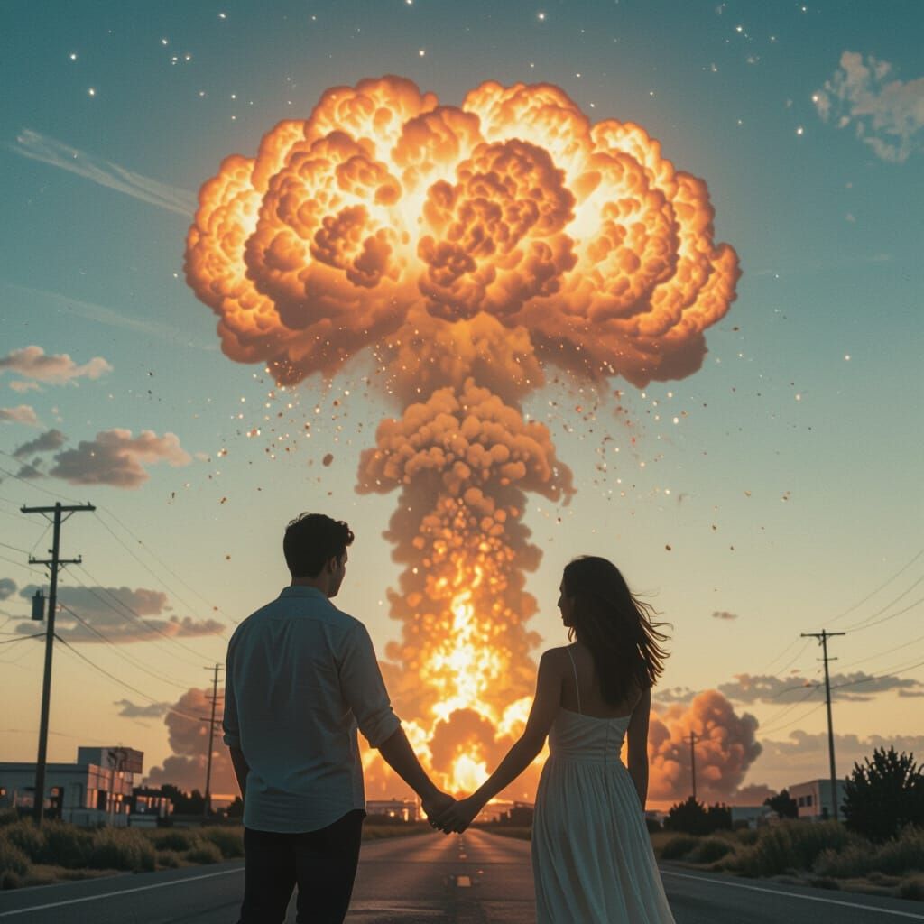 Lovers Embrace Amidst World's End Cinematic Film Still