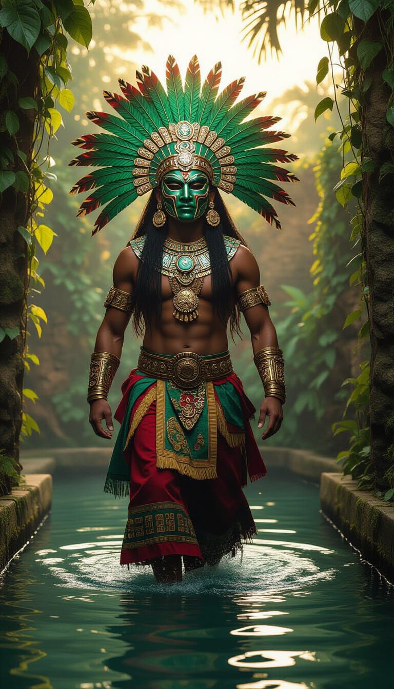 Masked Deity in Vine-Choked Cenote at Dawn