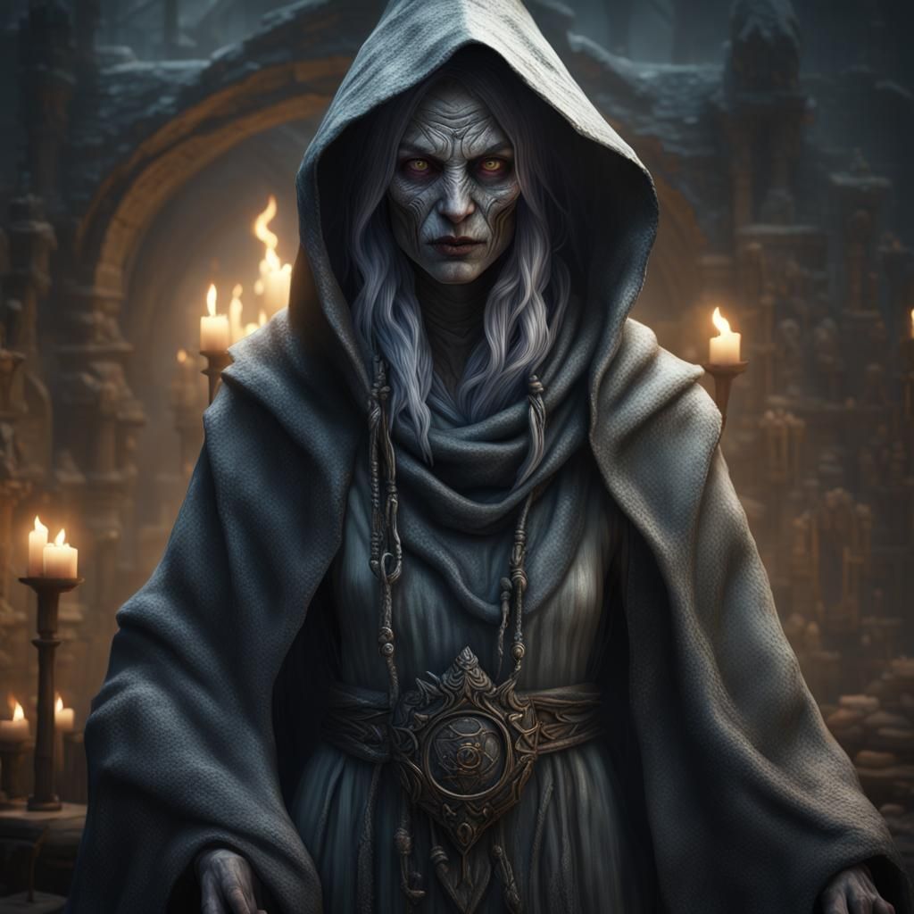 Ancient Blind Witch in Dark Fantasy Style