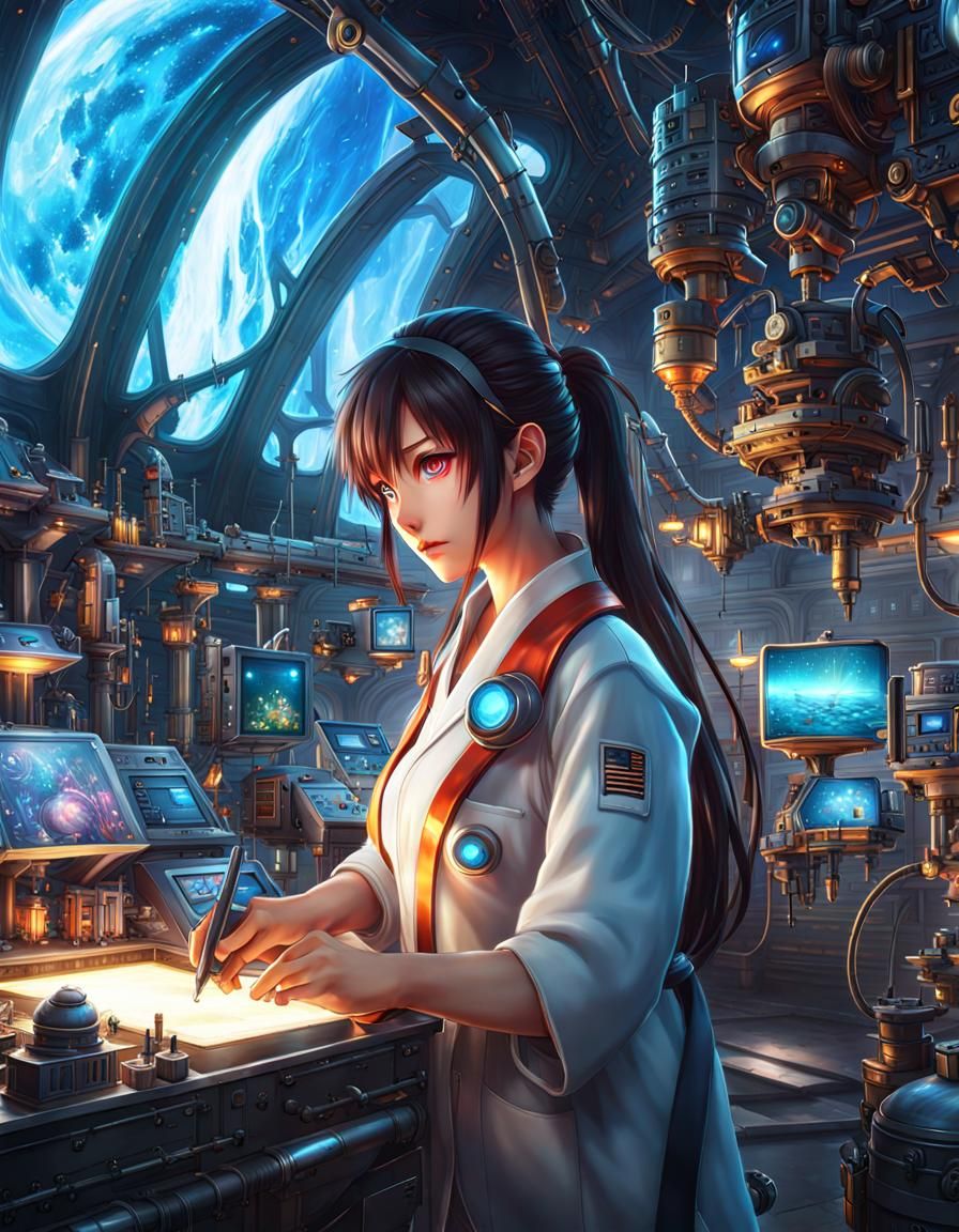 Anime Alpaca Scientist in Futuristic Lab, Digital Art