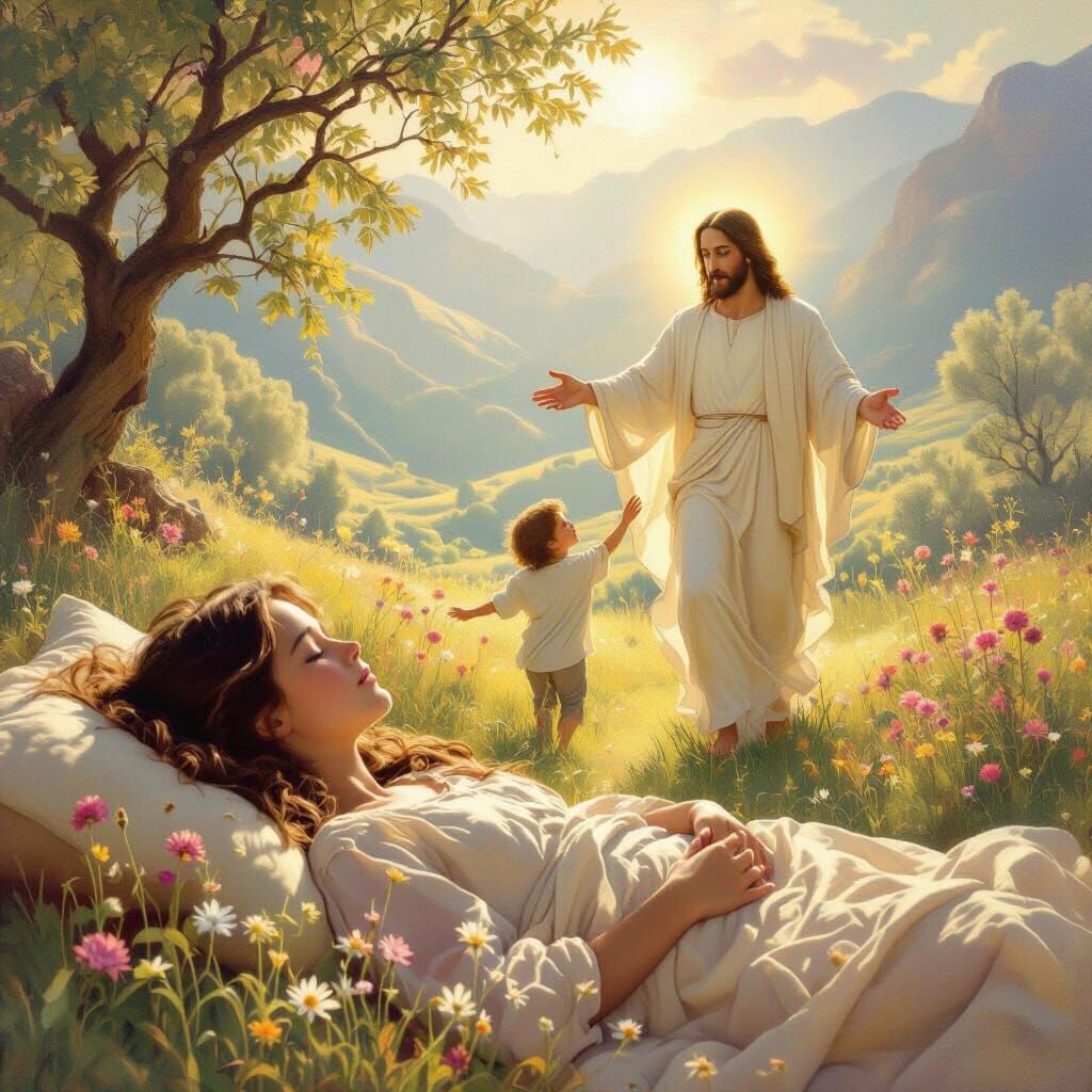 Grieving Mother's Dream of Son Meeting Jesus in Ethereal Oil...