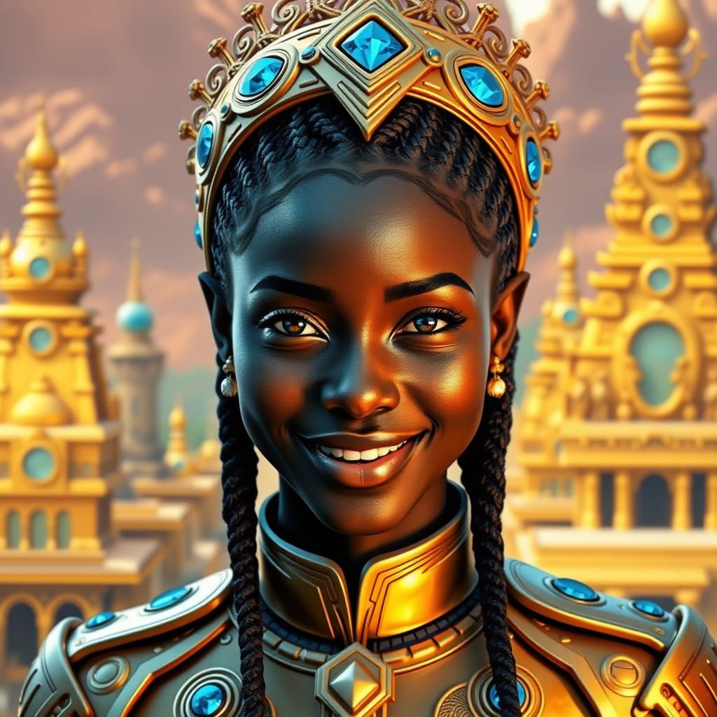 Futuristic Portrait of Woman in Golden City