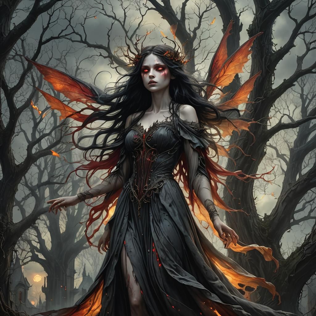 Pale Fairy with Glowing Eyes in Gothic Horror Scene