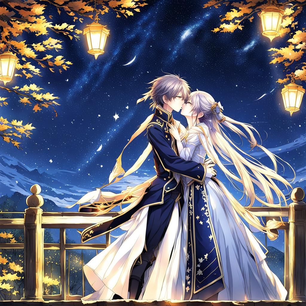 Romantic Kiss Under the Stars in Anime Style