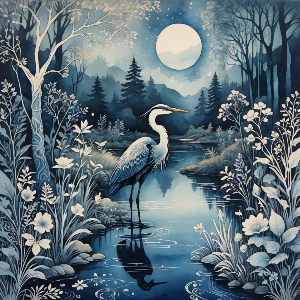 Ethereal Cyanotype Heron in Fantasy Landscape