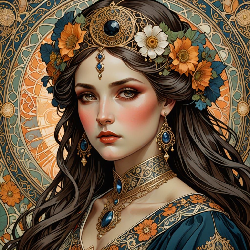 Mysterious Woman in Ukrainian Dress: An Art Nouveau Portrait