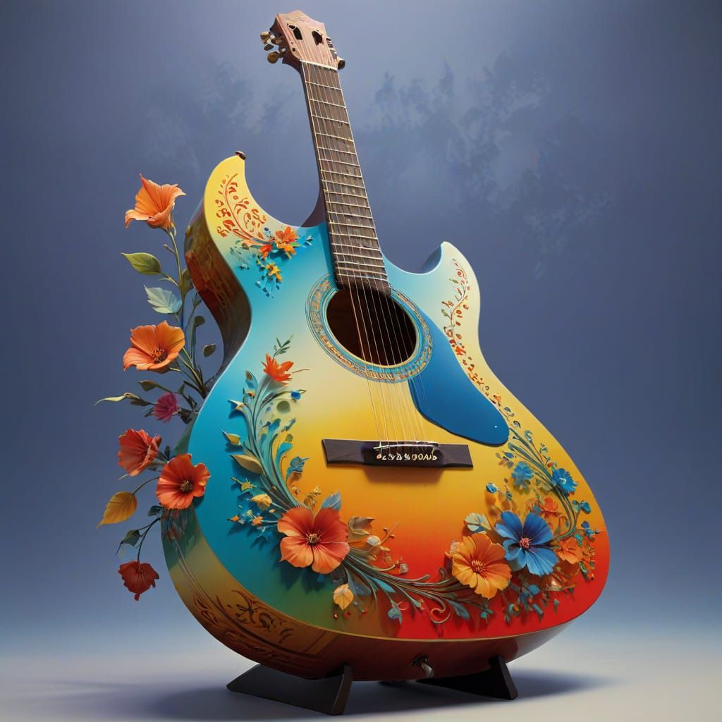 Art Deco Floral Spanish Guitar in Splash Art Style