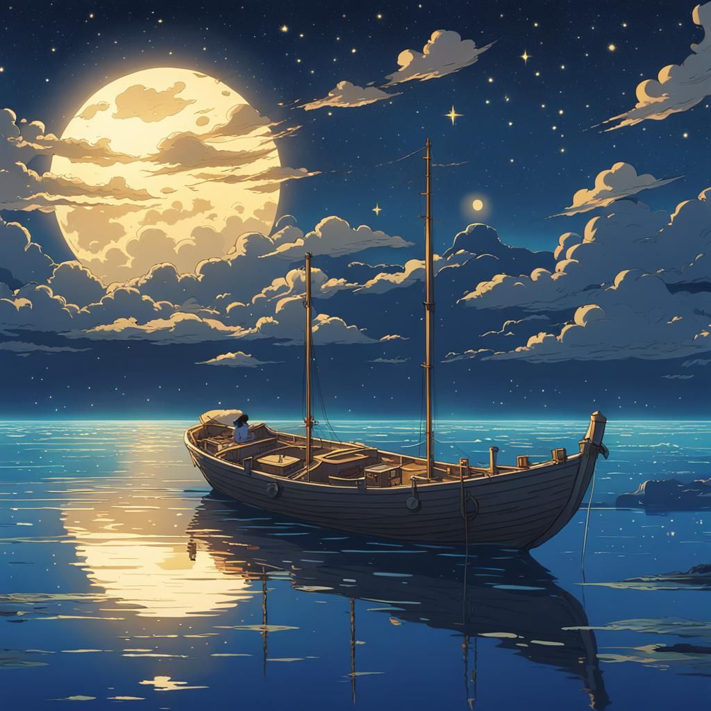 Boat on Starry Ocean: Studio Ghibli Anime Art