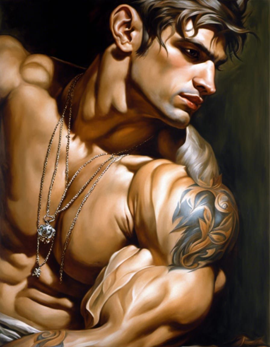 Gothic Oil Painting: Male Tinkerbell with Tattoos