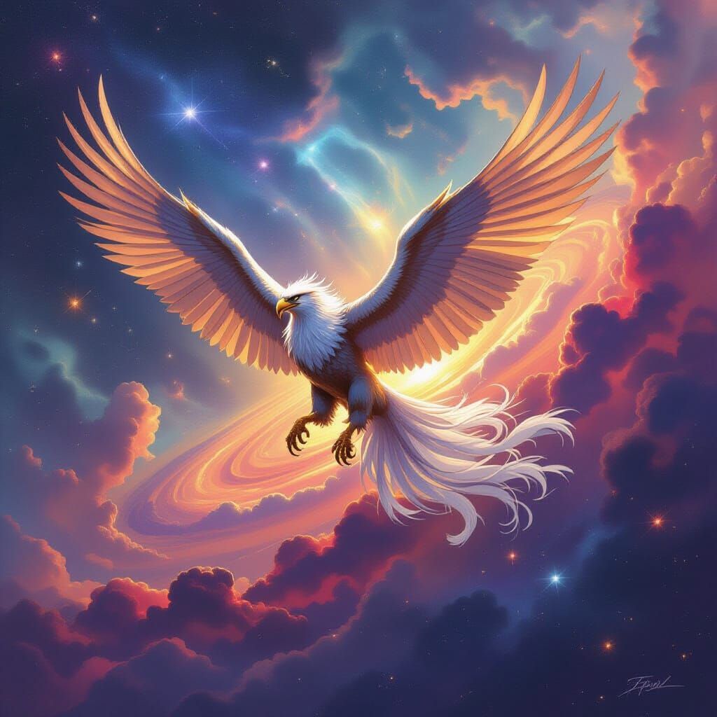 Majestic Griffin Soars Through Cosmic Nebula in Fantasy Styl...
