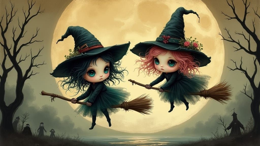 Gothic Witches Fly Through Moonlit Sepia Sky