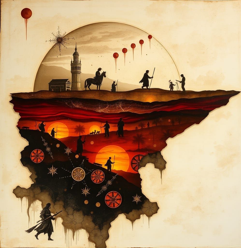 Mythic Historical Dreamscape with Translucent Narratives