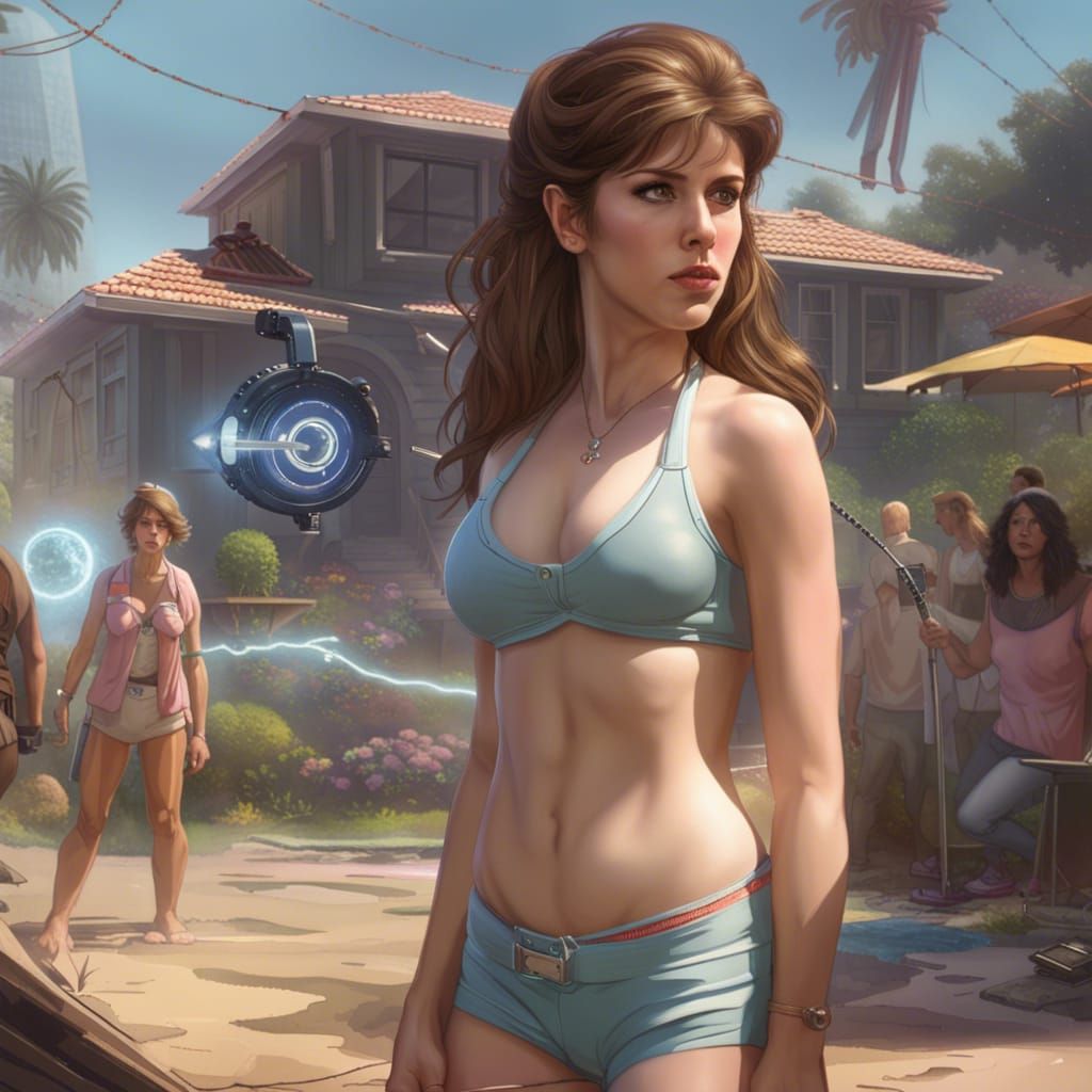 Woman Time Traveling to the 1980s in Sci-Fi Art Style