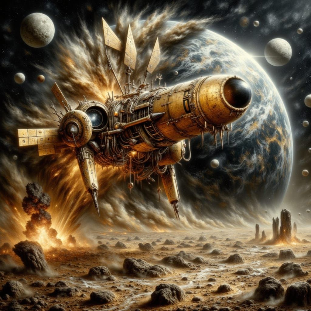 Skeletal Spacecraft Canvas Hit by Lunar Debris Cloud