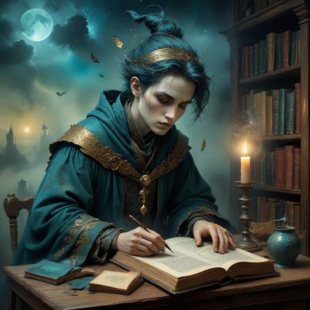 Surreal Library Scene with Whimsical Spell Books