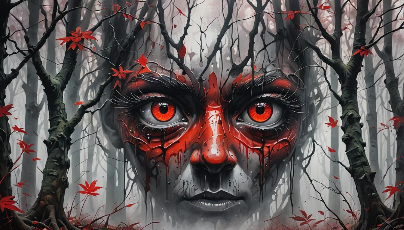 Mysterious Red Eyes in Fog, Graffiti Art Style