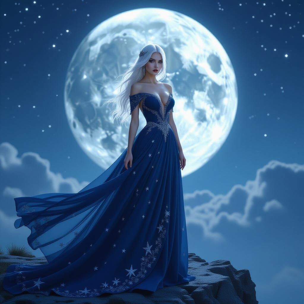 Moonlit Woman in Flowing Gown: Breathtaking Digital Art