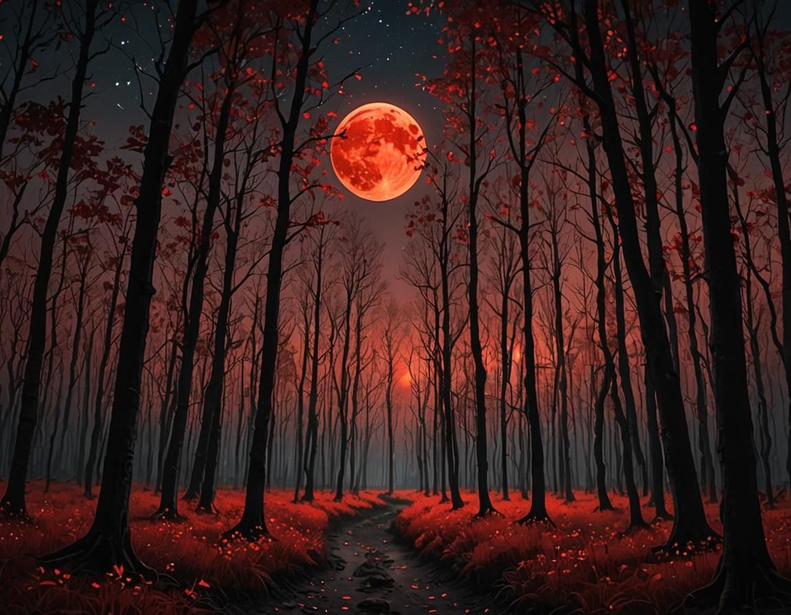 Beautiful untouched forest filled with fireflies under a ful...