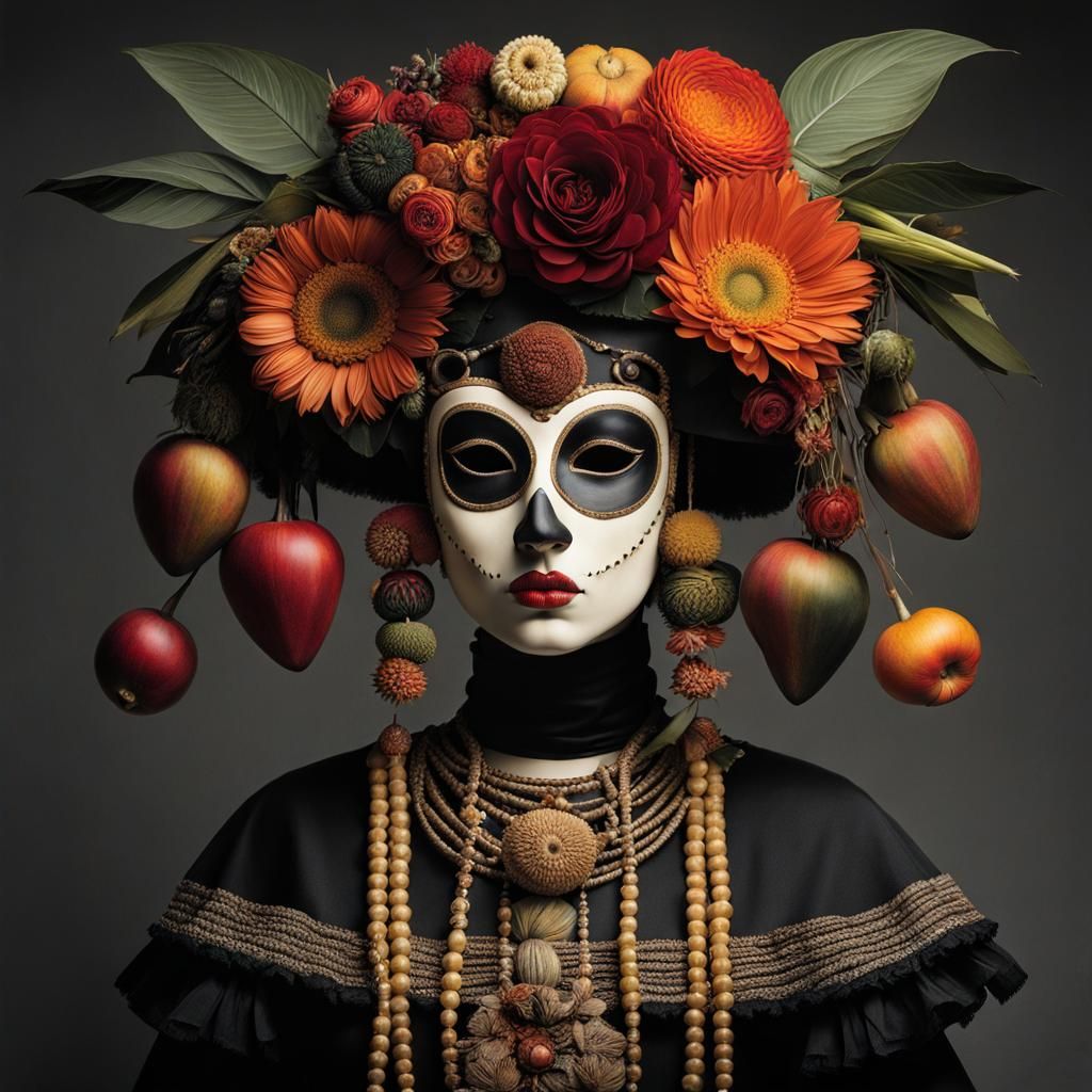 Girl with Death Mask in Grotesque Style