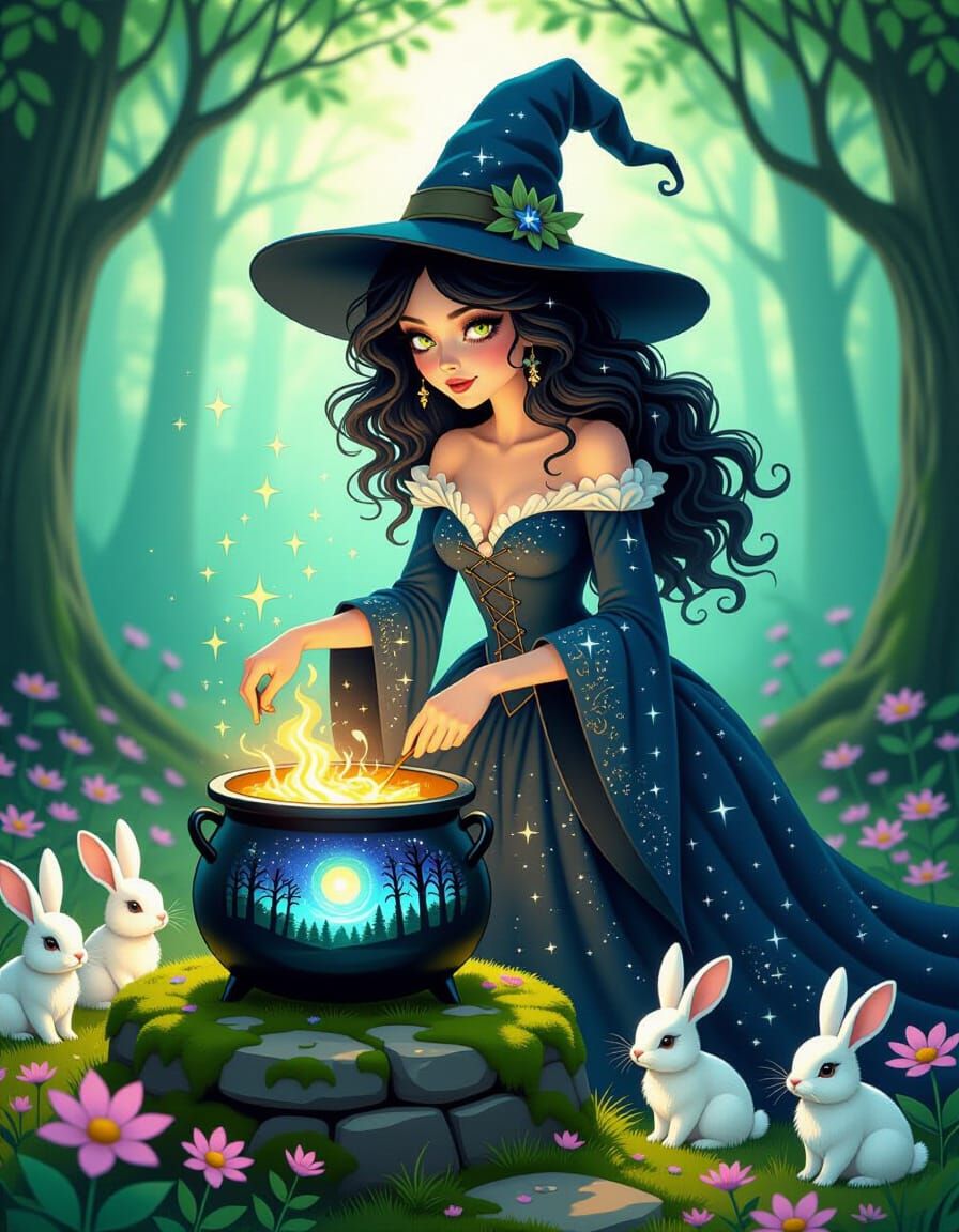 Enchanting Witch Brews Cosmic Potion in Starlit Forest