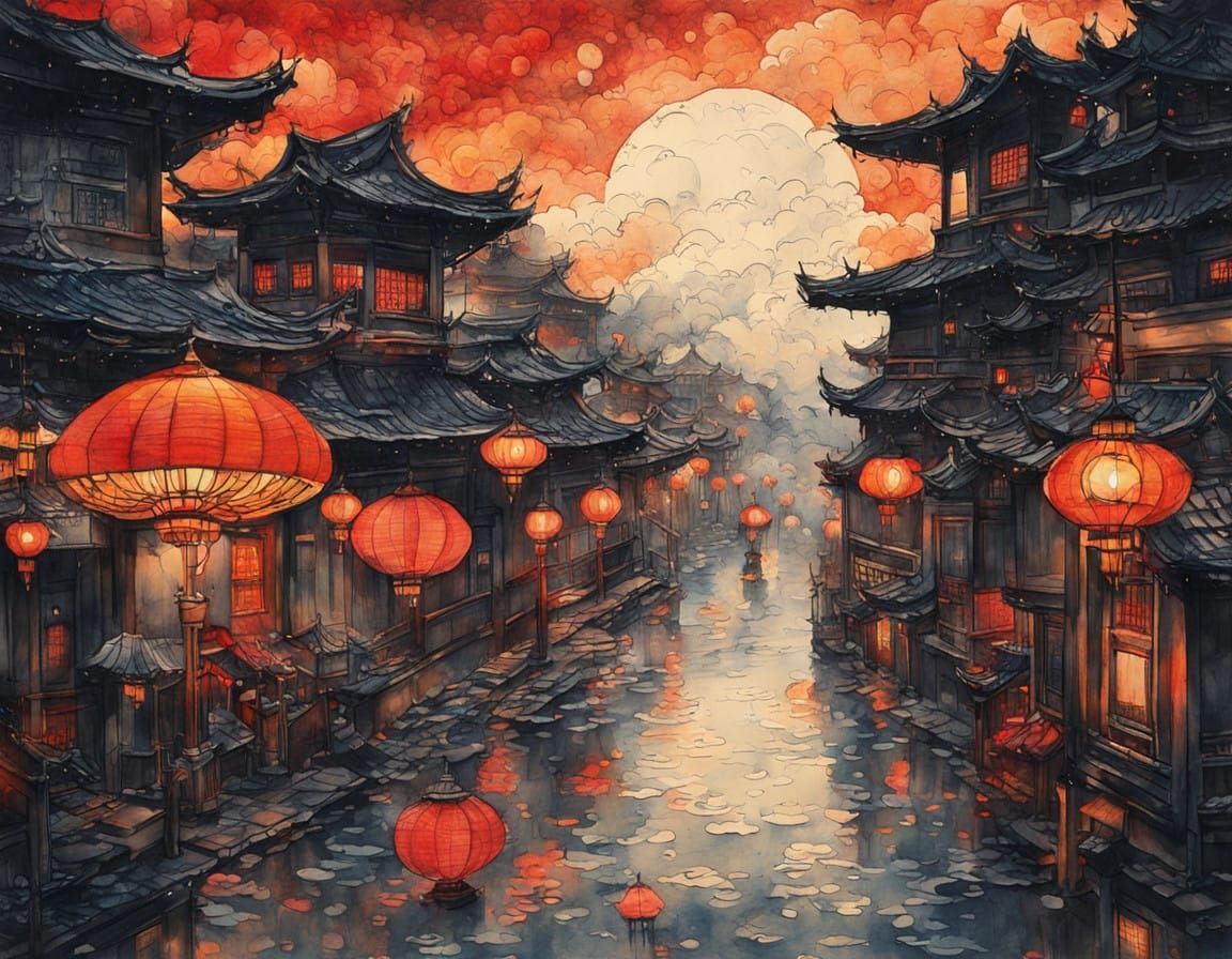 Vibrant Watercolor Night Scene on Textured Canvas in Anime S...