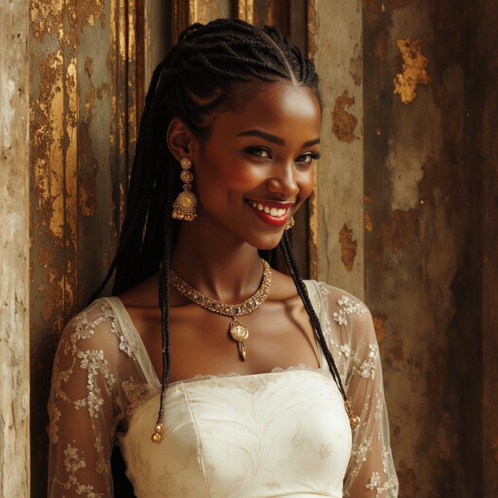 Elegant African Goddess in White Dress With Gold Accessories