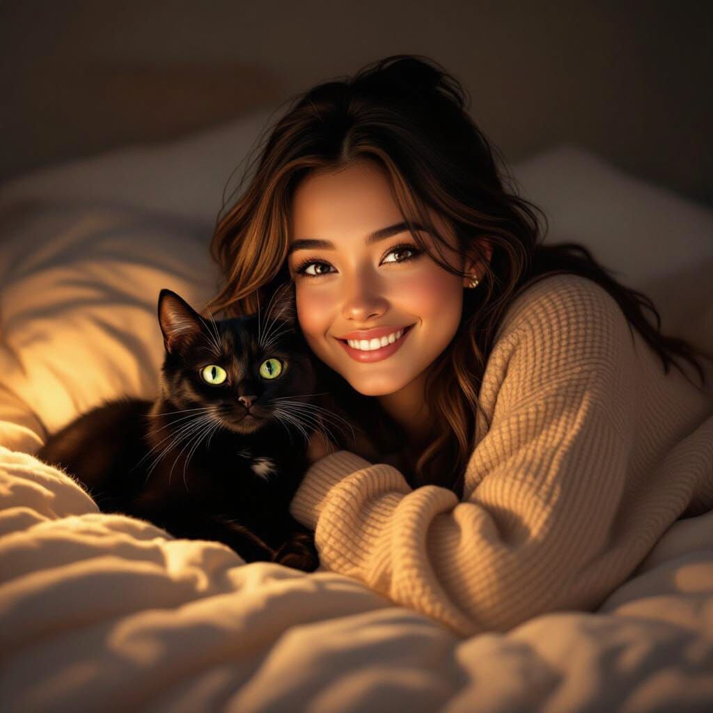 Woman and Black Cat in Cozy Dim Room