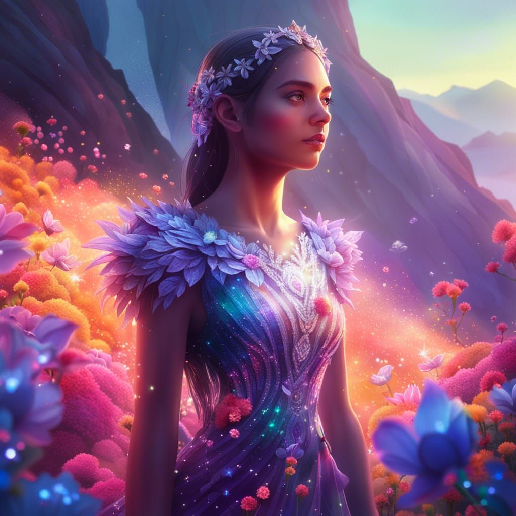 Girl in Sparkling Dress Among Glowing Flowers