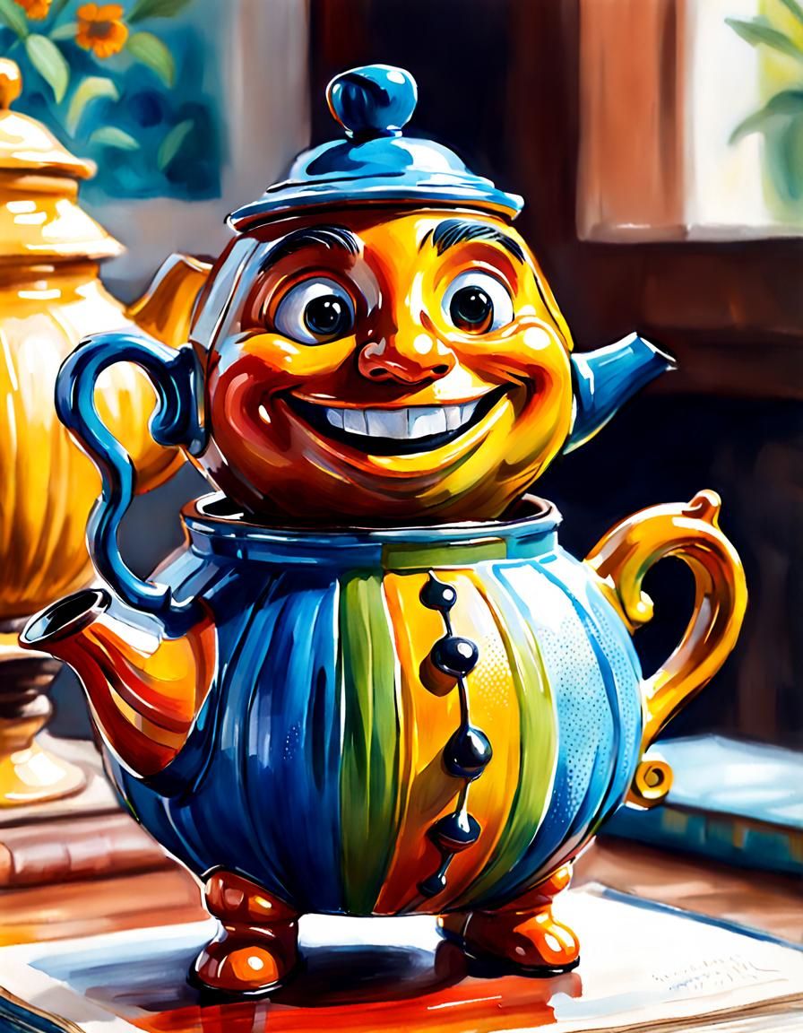 Anthropomorphic Teapot Portrait in Gouache Style