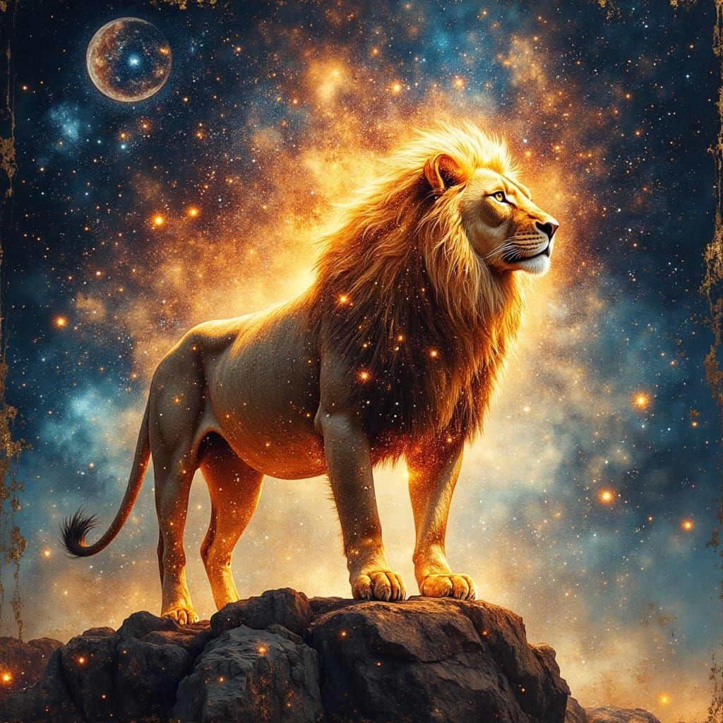 Majestic Lion with Celestial Patterns in Solar Flare Mane