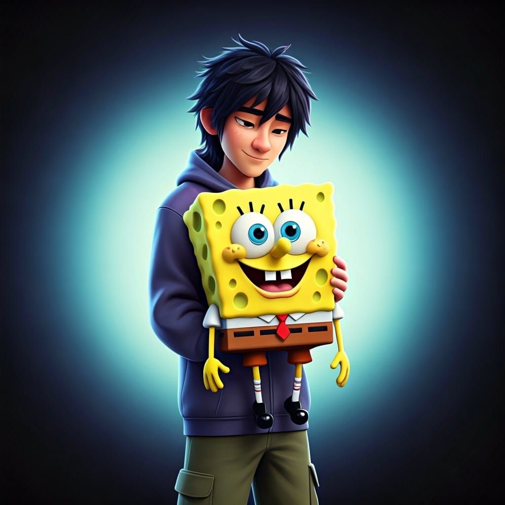 Hiro Hamada Holds SpongeBob SquarePants in a Vibrant, Cinema...